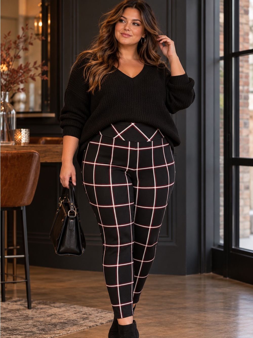 Torrid ‘Slim Fit Pixie Ponte Pull-On Pant’ in Black, White & Red Plaid Size 1X